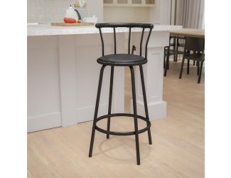 Crown Back Black Metal Barstool with Black Vinyl Swivel Seat and Footrest