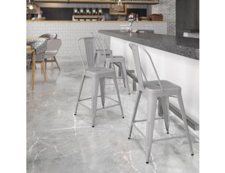 24" High Silver Metal Indoor-Outdoor Counter Height Stool with Back