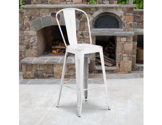 30" High Distressed White Metal Indoor-Outdoor Barstool with Back