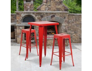 23.75" Square Red Metal Bar Table Set with 2 Square Seat Backless Stools