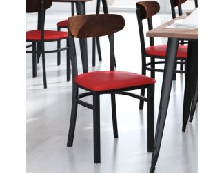 Commercial Metal Dining Chair with Vinyl Seat and Wood Boomerang Back-Red/Walnut