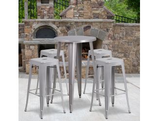 24" Round Silver Metal Indoor-Outdoor Bar Table Set with 4 Backless Stools