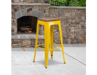 30" High Backless Yellow Metal Barstool w/ Square Wood Seat - Kitchen Furniture