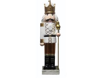 48-In. Nutcracker Holding Staff MGO Figurine, Festive Indoor Christmas Holiday Decorations, White/Go