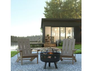 Star and Moon Fire Pit with Mesh Cover & 4 Lt. Gray Poly Resin Adirondack Chairs