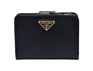 Prada Vitello Move Nero Black Leather Small Wallet with Zipper Gold Triangle Logo