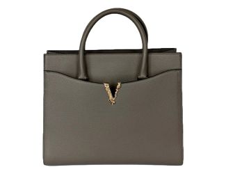 Versace Virtus Medium Top Handle Tote Taupe Grey Calfskin Leather Handbag