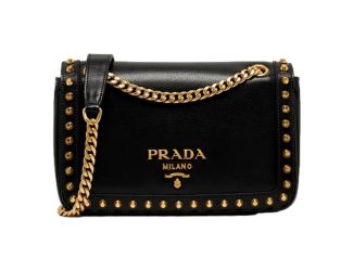 Prada Pattina Black Calf Leather Studded Flap Chain Crossbody Bag