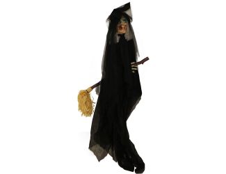 6.5 ft. Witch on Broom, Indoor/Covered Outdoor Halloween Decoration, LED Red Eyes, Battery-Operated,