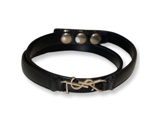 Saint Laurent Monogram Logo Black Leather Wrap Snap Bracelet