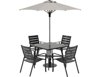 Cortino 5-Piece Commercial-Grade Dining Set with 4 Aluminum Slat Dining Chairs, 38-in. Slat Table, 7