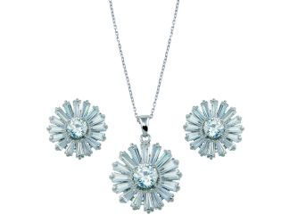 PARIKHS Rhodium Plated Clear Baguette Flower CZ Necklace-Earring Set in 925 Sterling Silver