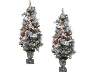 4-Ft. Christmas Pre Lit Snow Flocked Porch Trees with Oversized Pinecones, Set of 2