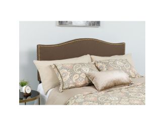 Upholstered King Size Arched Headboard with Accent Nail Trim in Dk Brown Fabric