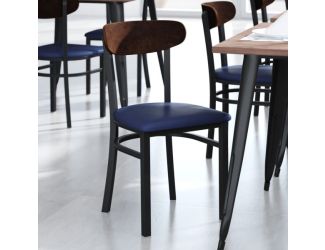 Commercial Metal Dining Chair - Vinyl Seat and Wood Boomerang Back-Blue/Walnut