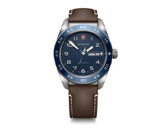 Mens Swiss Army Quartz Silver & Brown Leather Strap Watch Blue Dial