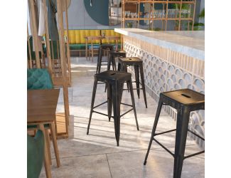 Commercial Grade 30"H Backless Black-Gold Metal Indoor-Outdoor Barstool, Square