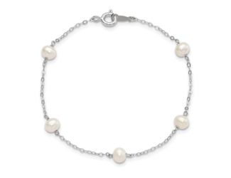 Sterling Silver 4-5mm White Semi Round Freshwater Cultured Pearl 5 Station Bracelet