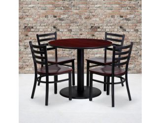 36" Round Mahogany Laminate Table Set with 4 Metal Chairs - Mahogany Wood Seat