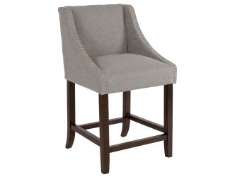 24"H Walnut Counter Stool with Accent Nail Trim - Light Gray Fabric