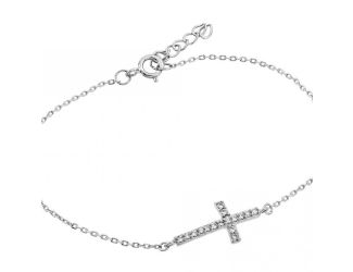 PARIKHS Rhodium Plated Sideways Cross CZ Bracelet in 925 Sterling Silver - 7-8 " Adjustable