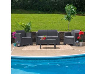 Dk Gray Faux Rattan Loveseat with All-Weather Light Gray Cushions - Patio Chair