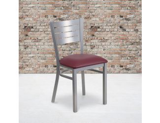 Silver Slat Back Metal Restaurant Chair - Burgundy Vinyl Seat