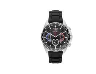 Mens Chronograph Silver Case with Black Dial with Blue & Red Accents