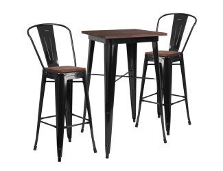 23.5" Square Black Metal Bar Table Set with Wood Top and 2 Stools
