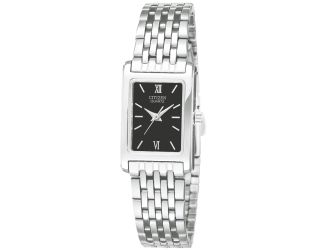 Ladies' Quartz Tank Style, Stainless Steel Watch with Black Dial