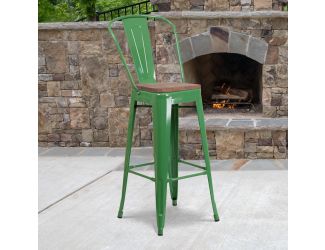 30" High Green Metal Barstool with Back and Wood Seat - Kitchen Furniture