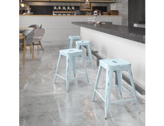 24"H Backless Distressed Green-Blue Metal Indoor-Outdoor Counter Height Stool
