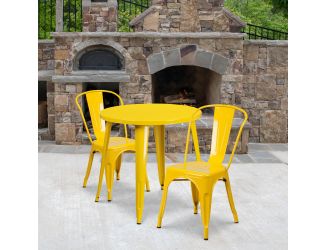 30" Round Yellow Metal Indoor-Outdoor Table Set with 2 Cafe Chairs