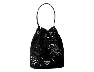 Prada Re-Nylon Mini Drawstring Bucket Bag Black Beaded Embroidered