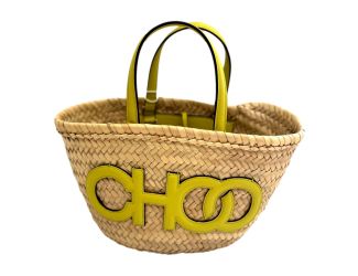 Jimmy Choo Logo Crossbody Tote Bag Natural Raffia Citron Yellow Trim