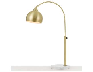 Orb Table Lamp with Adjustable Height/Width, White Marble Base, and Metal Globe Shade in Brushed Gol