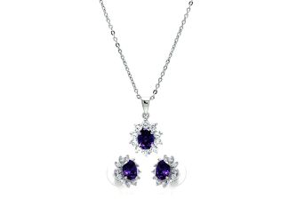 PARIKHS Rhodium Plated Purple and Clear Cluster Flower CZ Dangling Set in 925 Sterling Silver