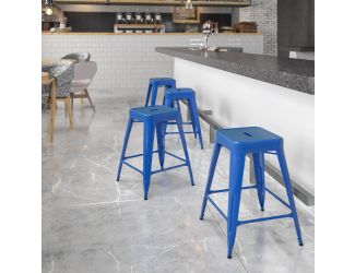 Commercial Grade 24"H Backless Blue Metal Indoor-Outdoor Counter Height Stool