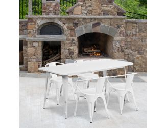 31.5" x 63" Rectangular White Metal Indoor-Outdoor Table Set with 4 Arm Chairs