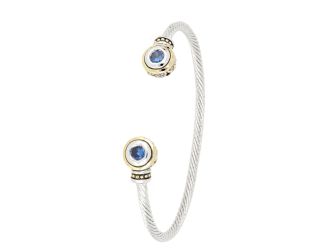 Beijos Two Stone wire Cuff Bracelet, Sapphire CZs, 7" lght. End motif 3/8" Diam.