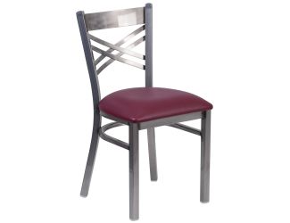 Clear Coated "X" Back Metal Restaurant Chair - Burgundy Vinyl Seat
