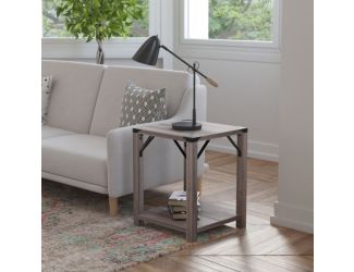 2-Tier Side Table with Black Metal Side Braces and Corner Caps - Rustic Oak