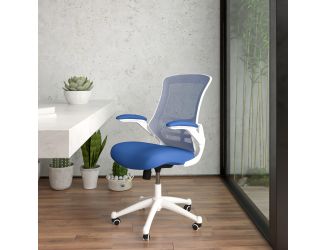 Mid-Back Blue Mesh Ergonomic Task Office Chair, White Frame - Flip-Up Arms