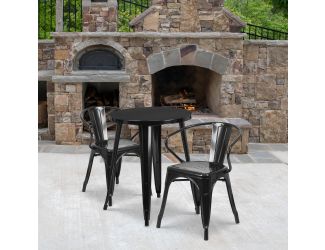24" Round Black Metal Indoor-Outdoor Table Set with 2 Arm Chairs - Patio Set