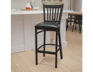 Black Vertical Back Metal Restaurant Barstool - Black Vinyl Seat