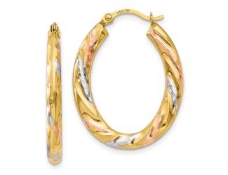 14K & White & Rose Rhodium Oval Hollow Scallop Hoop Earrings
