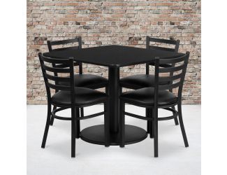 36" SQ Black Laminate Table with Round Base & 4 Metal Chairs - Black Vinyl Seat