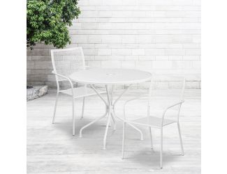 35.25" Round White Indoor-Outdoor Steel Patio Table Set w/ 2 Square Back Chairs
