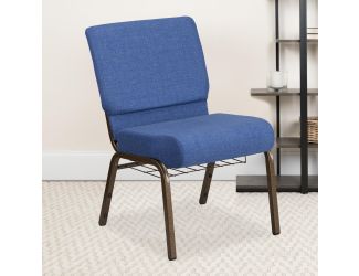 21"W Church Chair in Blue Fabric with Cup Book Rack - Gold Vein Frame