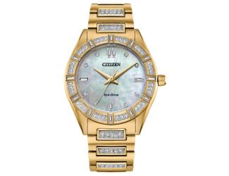 Ladies' Eco-Drive Crystal Gold-Tone Stainless Steel Bracelet Watch Beige dial